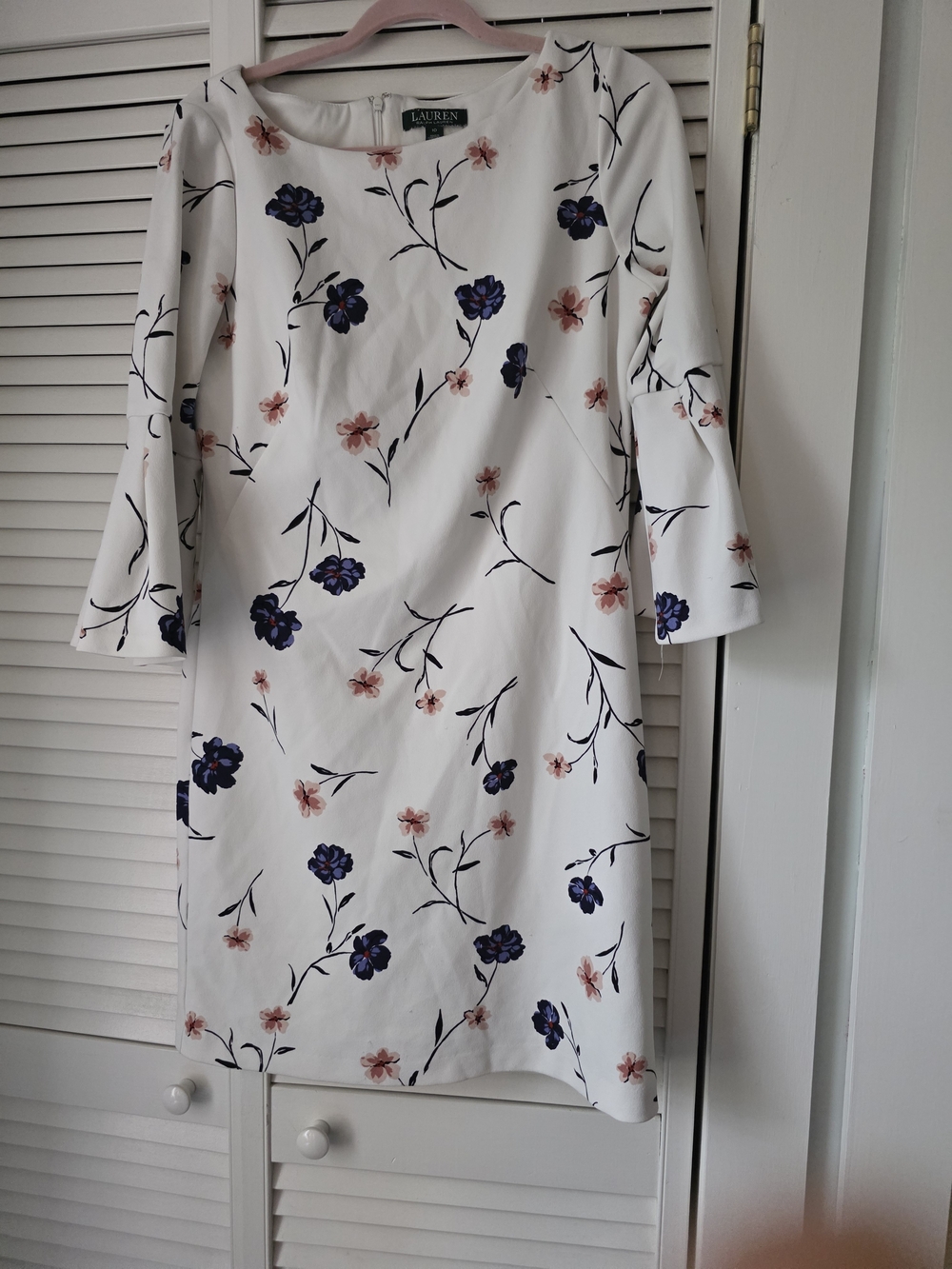 Ralph Lauren White Floral Long Sleeve Shift Dress with Navy & Blush Print